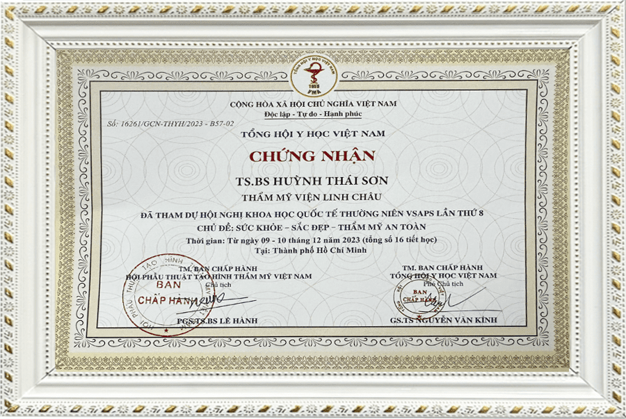 Chứng nhận từ KCCS (Korean College of Cosmetic Surgery) tại TP. Hồ Chí Minh TS.BS Huỳnh Thái Sơn tại Thẩm mỹ viện Linh Châu